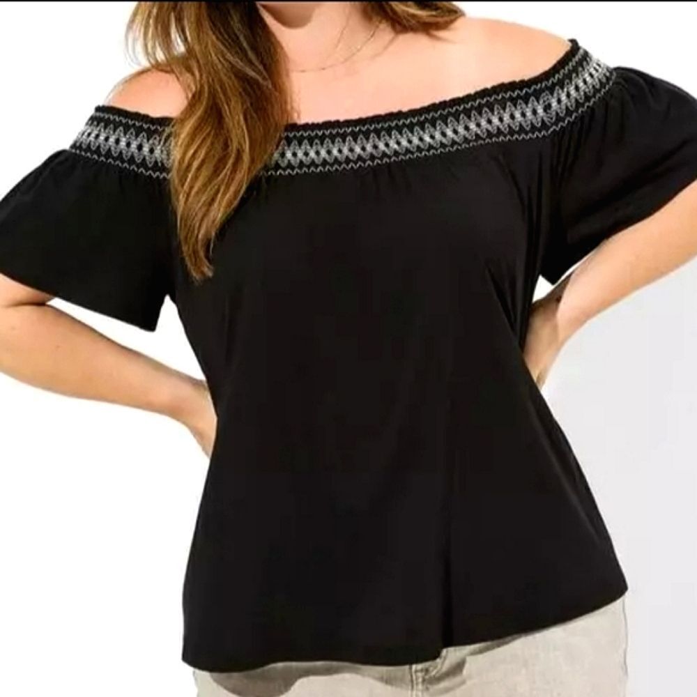 Torrid Off Shoulder Top Plus Size 0X Black Cotton Smocked Boho Festival Retro